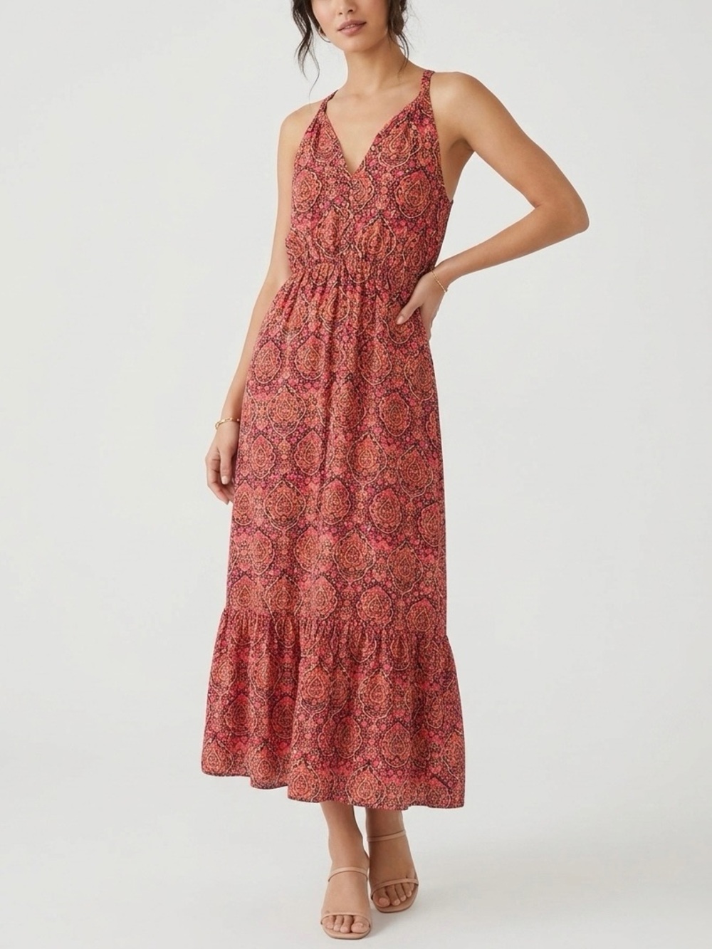 LUCKY BRAND Red Orange Strappy Halter Paisley Floral Maxi Sun Dress M